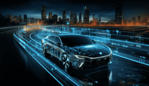 Rendering created with MidJourney of a futuristic autonomous car using ADAS