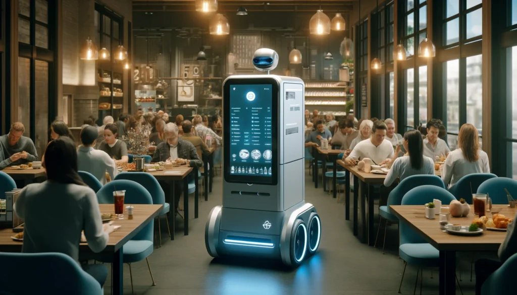 A robot driven by artificial intelligence navigating the tables of a restaurant to serve food to the restaurant customers.