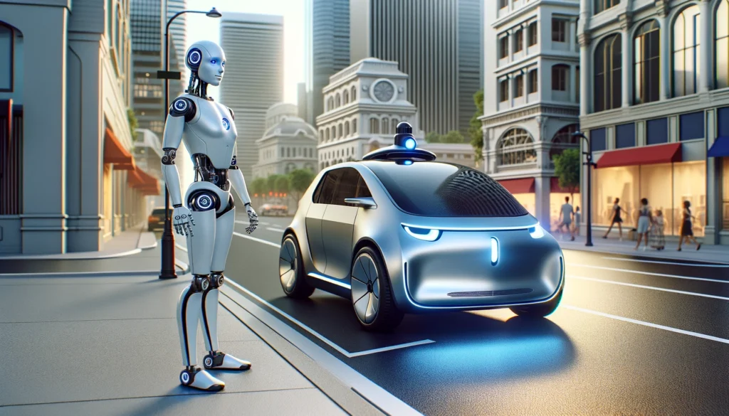 Humanoid robot looking at an autonomous vehicle.